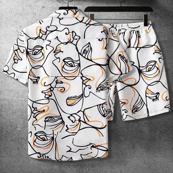 Street Style White Men's Figure Graphic Shirt & Short Set - Picture 2 of 4